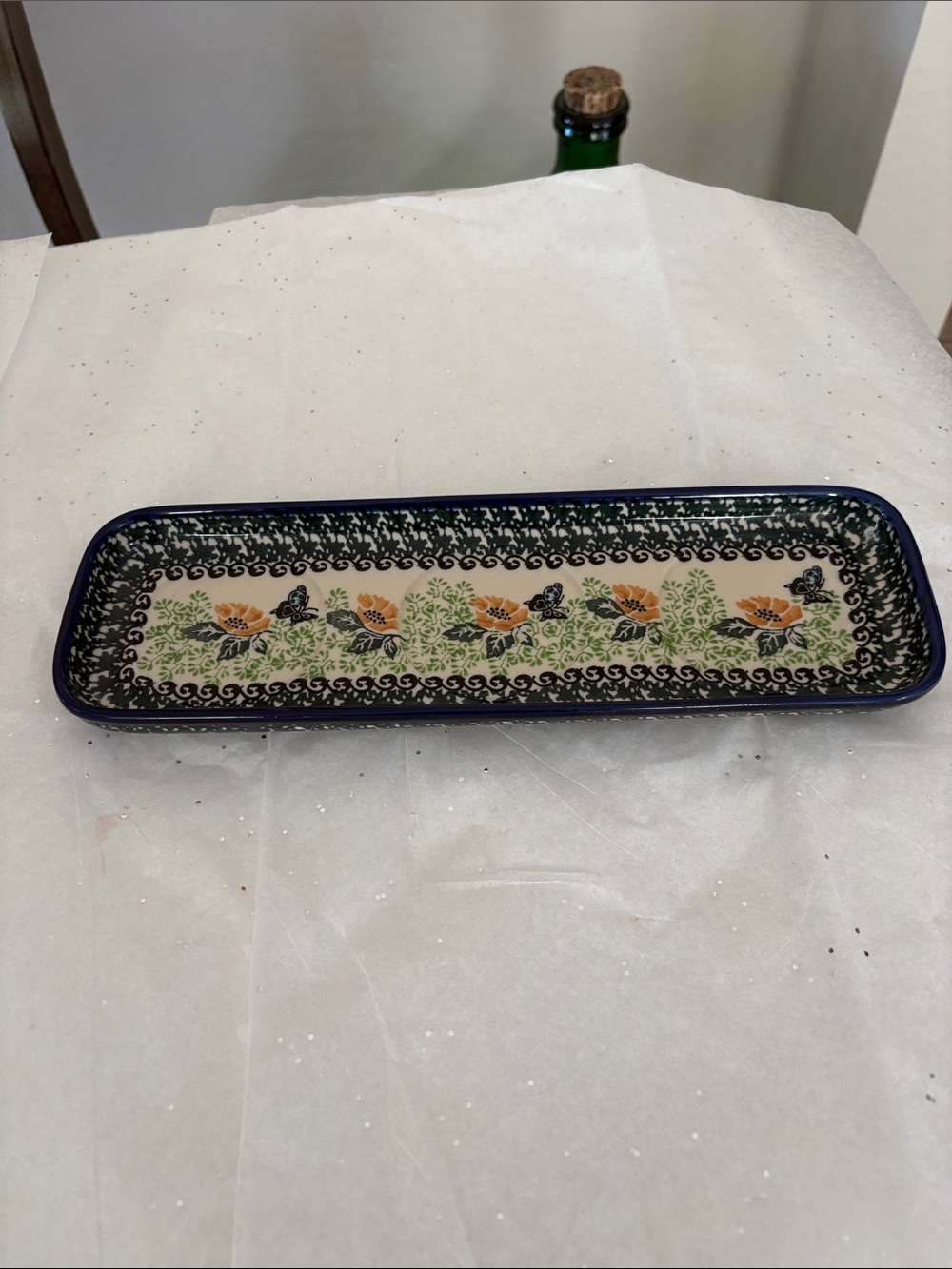 Polish Blue flower Oblong Serving Tray 12” X 3.5”